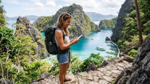 Tourist using mobile internet while exploring El Nido in Palawan, Philippines
