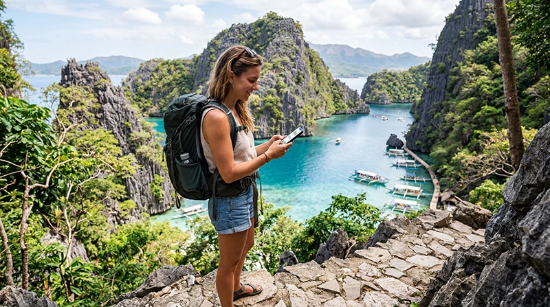 Tourist using mobile internet while exploring El Nido in Palawan, Philippines