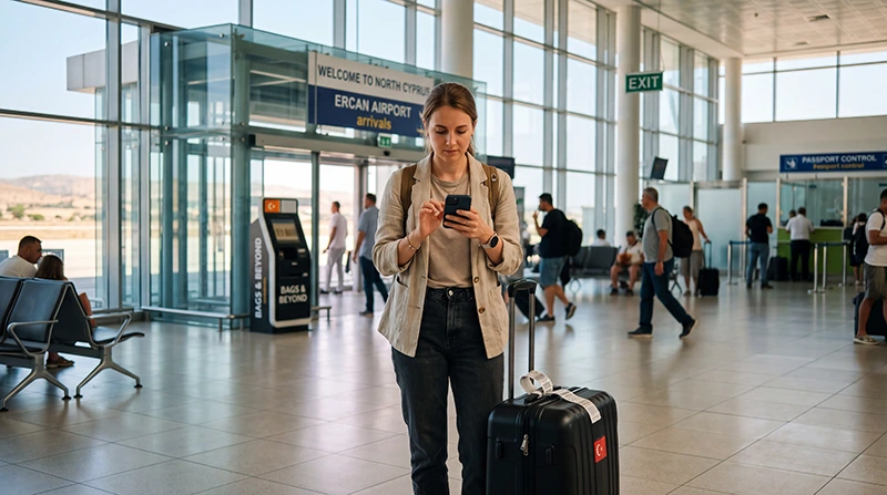 Traveler using mobile internet after arriving at Ercan International Airport in North Cyprus