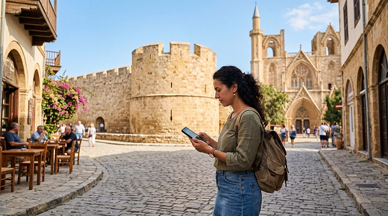 Tourist using mobile internet with an eSIM while visiting Famagusta in North Cyprus
