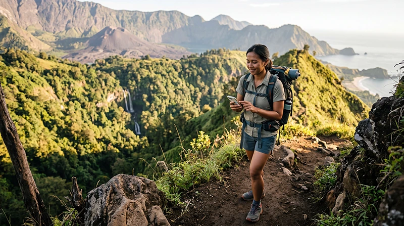 Adventure traveler using mobile internet and eSIM connectivity while exploring remote destinations across Indonesia