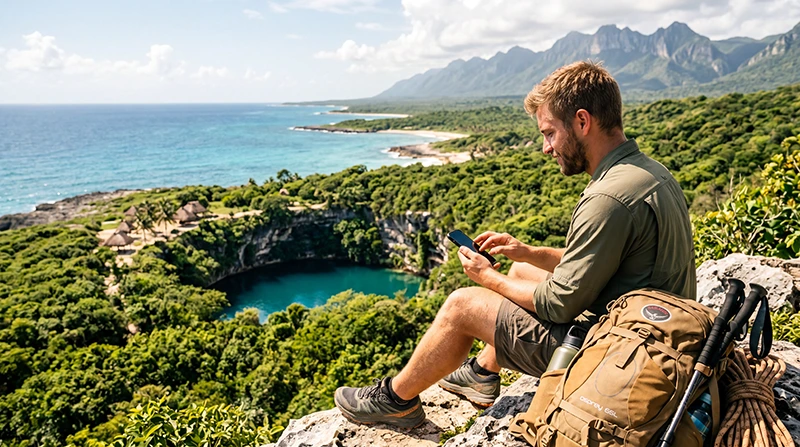 Adventure traveler using smartphone with mobile internet while exploring nature in Mexico
