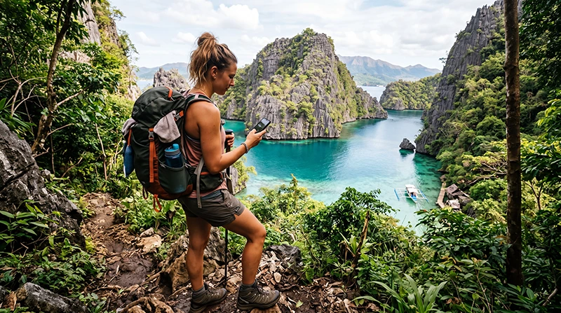 Adventure traveler using mobile internet while exploring remote destinations in the Philippines