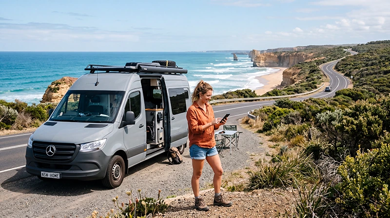 Traveler using mobile internet during a campervan trip across Australia