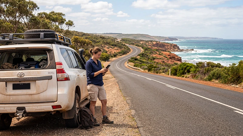 Traveler using mobile internet during an Australia road trip