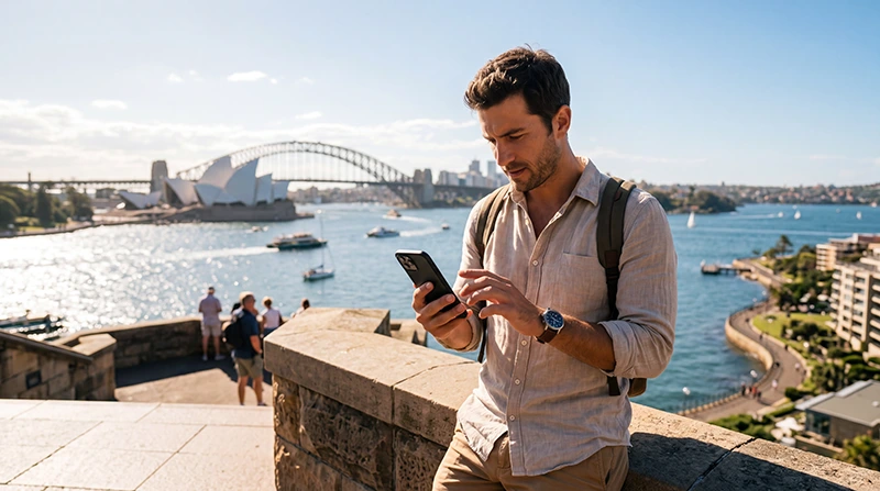 Traveler using mobile internet during an Australia vacation