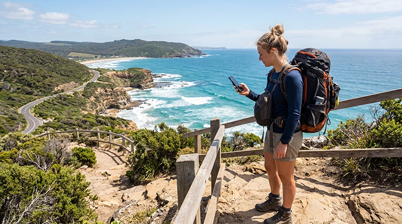 Backpacker using mobile internet while traveling across Australia