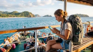 Backpacker using mobile internet on a smartphone while traveling across Indonesia
