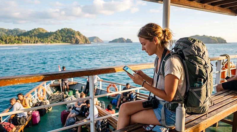Backpacker using mobile internet on a smartphone while traveling across Indonesia