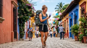 Backpacker using mobile internet on a smartphone while traveling across Mexico