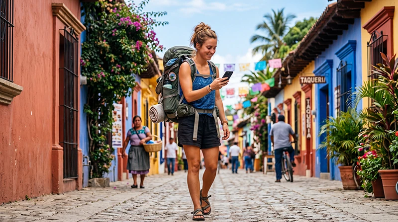 Backpacker using mobile internet on a smartphone while traveling across Mexico