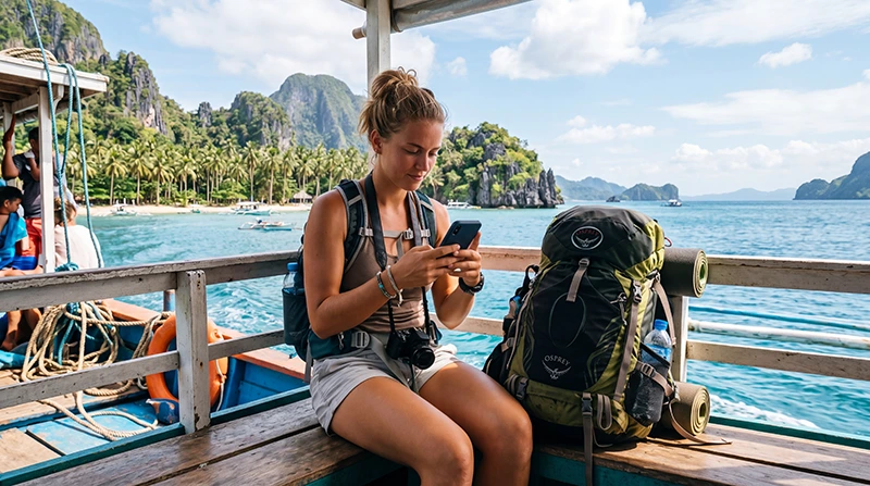 Backpacker using mobile internet while traveling across the Philippines