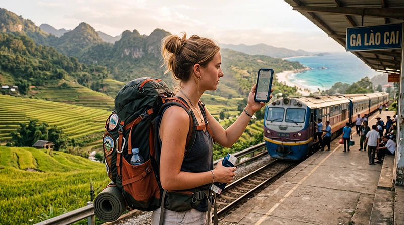 Backpacker using mobile internet while traveling across Vietnam