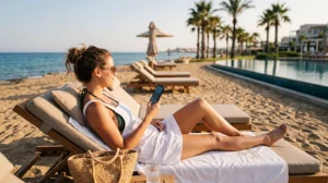 Traveler using mobile internet with an eSIM at a beachfront resort in Bafra, North Cyprus