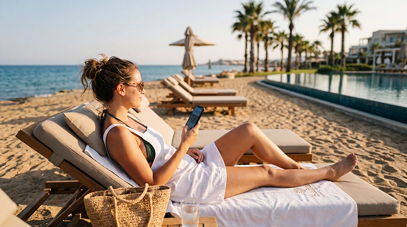 Traveler using mobile internet with an eSIM at a beachfront resort in Bafra, North Cyprus