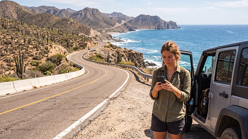 Traveler using smartphone with mobile internet during a Baja California road trip in Mexico