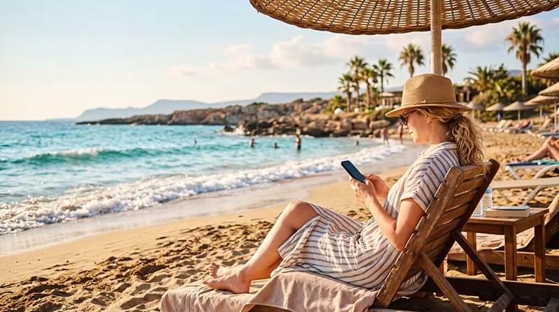 Traveler using mobile internet with an eSIM on a beach in North Cyprus