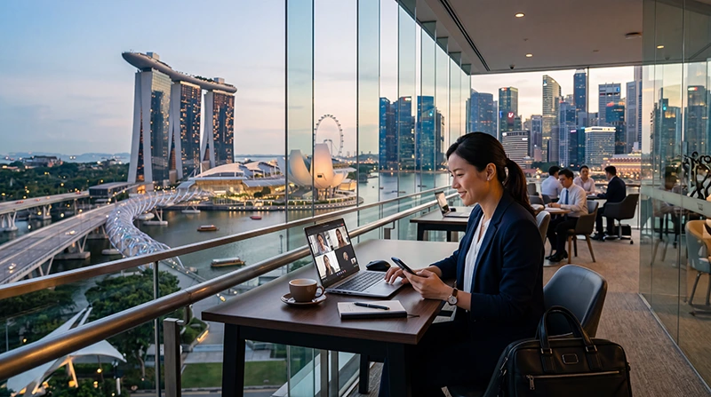 Business traveler using mobile internet in Singapore during conference and client meetings