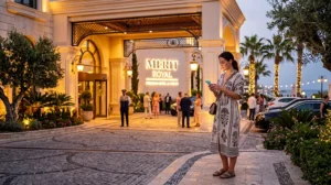 Traveler using mobile internet with an eSIM outside a luxury casino resort in North Cyprus