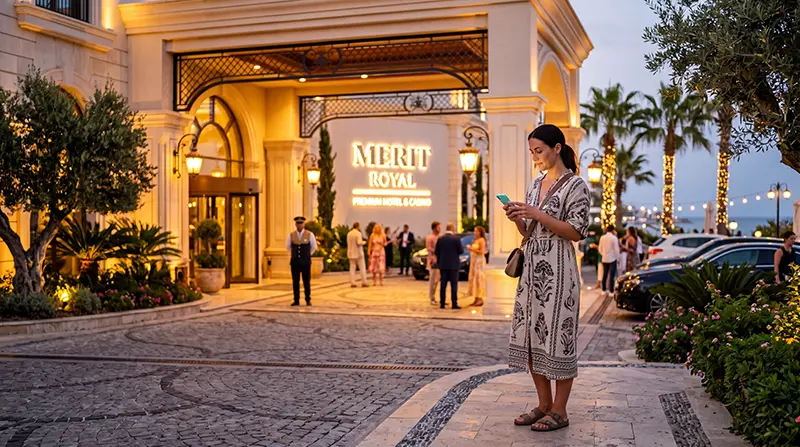 Traveler using mobile internet with an eSIM outside a luxury casino resort in North Cyprus