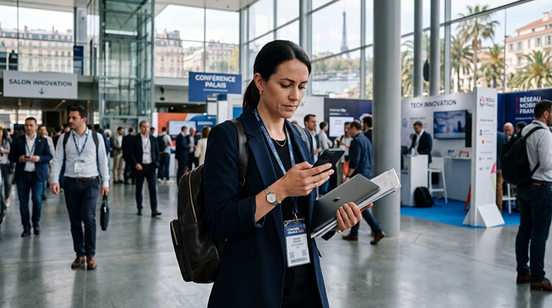 Business traveler using France eSIM and mobile internet at a conference in France