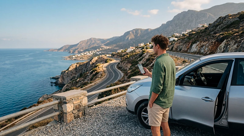 Traveler using mobile internet with an eSIM while driving through North Cyprus