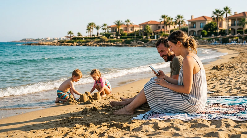 Family using mobile internet with an eSIM during a holiday in North Cyprus