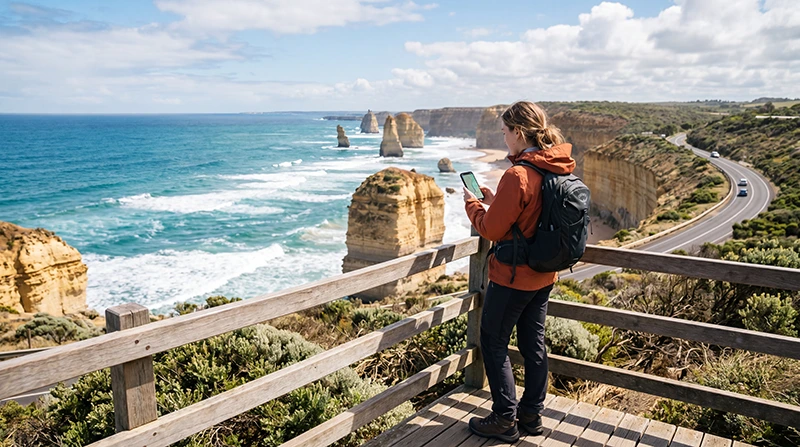 Traveler using mobile internet while driving along the Great Ocean Road in Australia