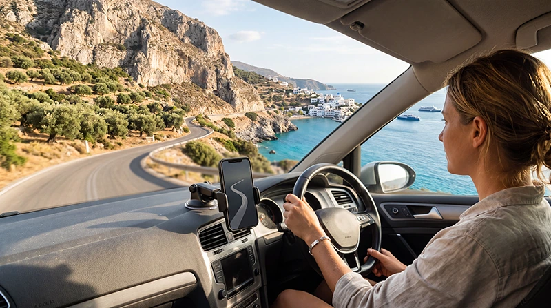 Traveler using mobile internet during a road trip across Greece