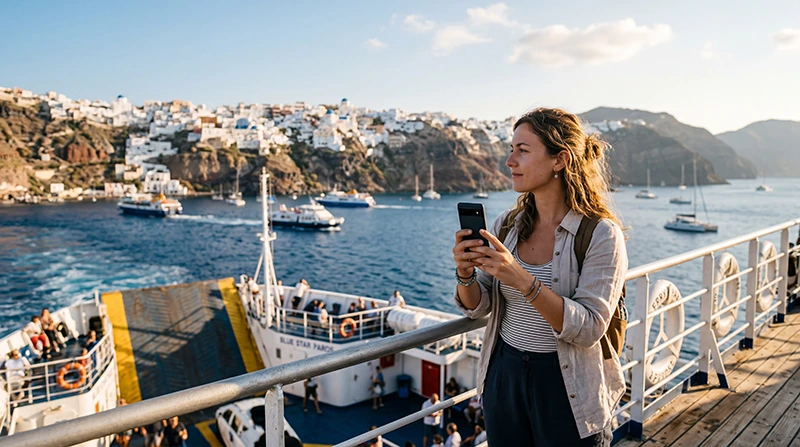 Traveler using mobile internet while island hopping across the Greek Islands