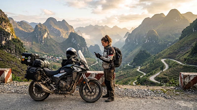 Motorbike traveler using mobile internet during the Ha Giang Loop in Vietnam