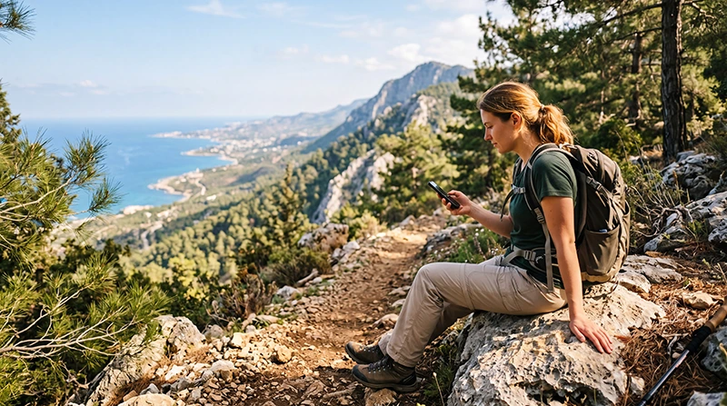 Hiker using mobile internet with an eSIM while hiking in North Cyprus