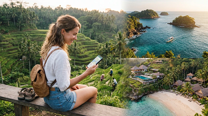 Tourist using mobile internet on a smartphone during a vacation in Indonesia while exploring Bali and tropical islands