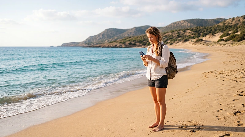 Traveler using mobile internet with an eSIM while visiting the Karpaz Peninsula in North Cyprus