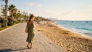 Traveler using mobile internet with an eSIM while visiting Long Beach in İskele, North Cyprus