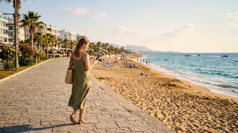 Traveler using mobile internet with an eSIM while visiting Long Beach in İskele, North Cyprus