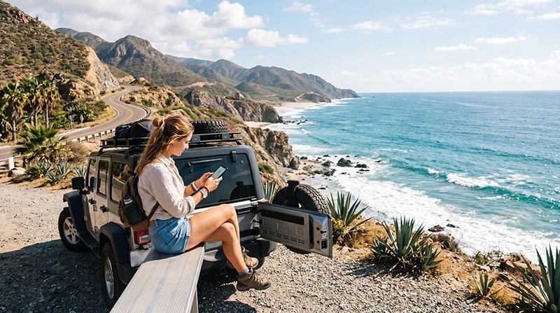 Traveler using smartphone with mobile internet during a road trip across Mexico