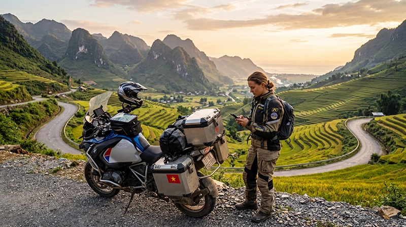 Motorbike traveler using mobile internet while exploring Vietnam