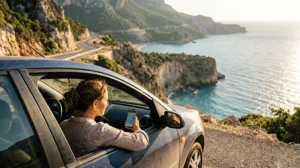 Traveler using an eSIM for mobile internet during a North Cyprus road trip