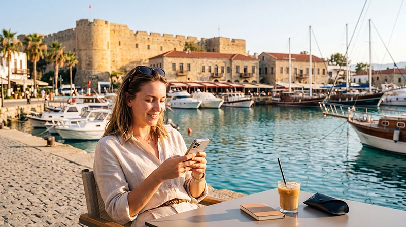 Tourist using mobile internet during a vacation in North Cyprus