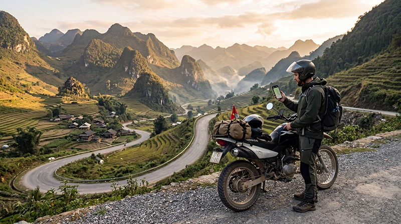 Traveler using mobile internet during a road trip through northern Vietnam mountains