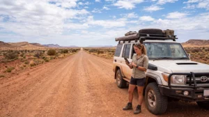 Traveler using mobile internet in the Australian Outback during a road trip