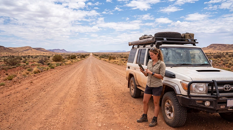 Traveler using mobile internet in the Australian Outback during a road trip