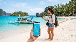 Traveler using mobile internet while island hopping across tropical islands in the Philippines