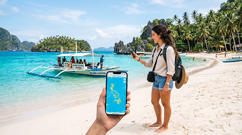 Traveler using mobile internet while island hopping across tropical islands in the Philippines