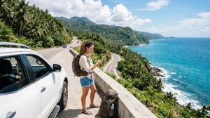 Traveler using mobile internet during a road trip across the Philippines
