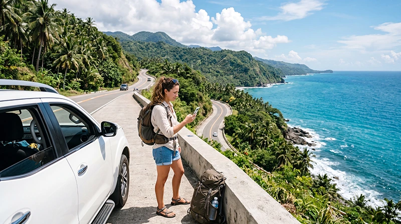 Traveler using mobile internet during a road trip across the Philippines