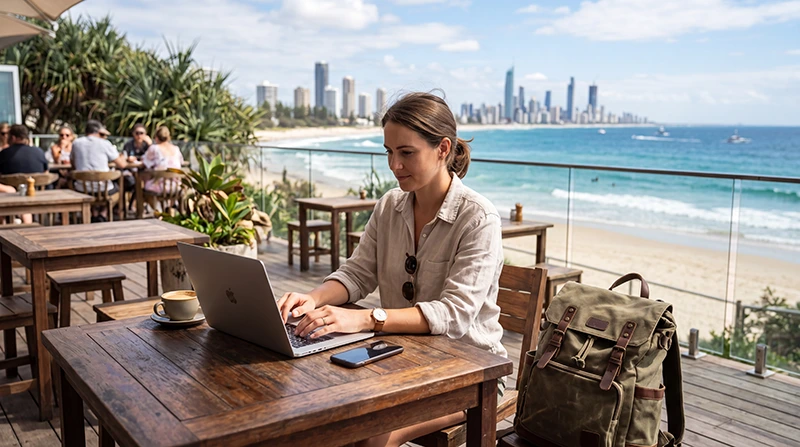 Remote worker using mobile internet while working remotely from Australia