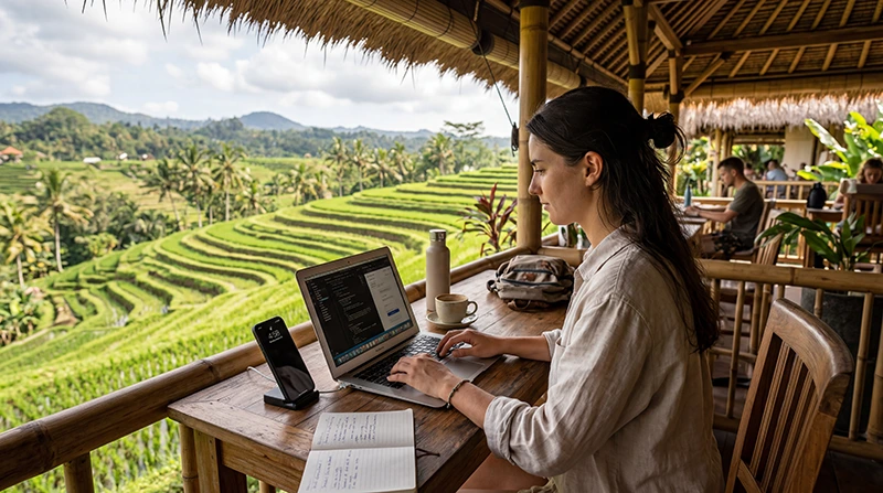Remote worker using mobile internet and laptop while working remotely across Indonesia