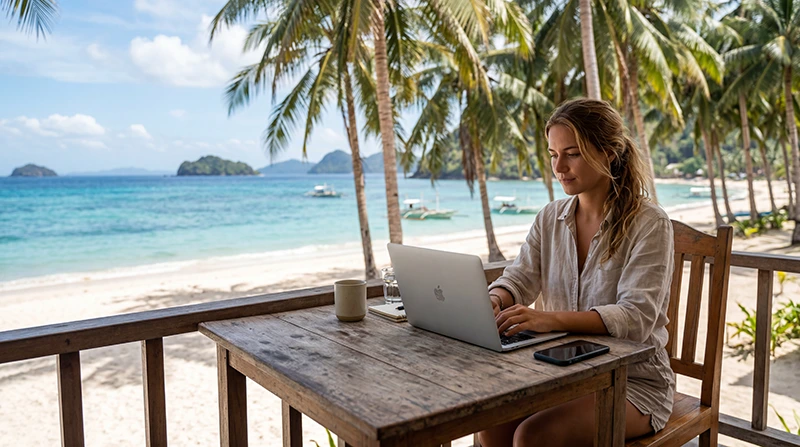 Remote worker using mobile internet while working from a tropical location in the Philippines
